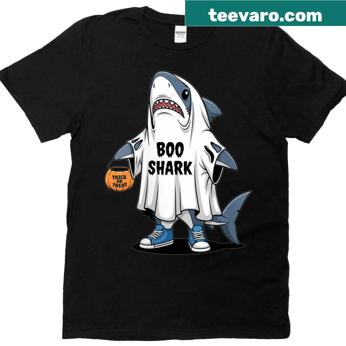 Cartoon shark Halloween shirt with playful design — on a men's t-shirt