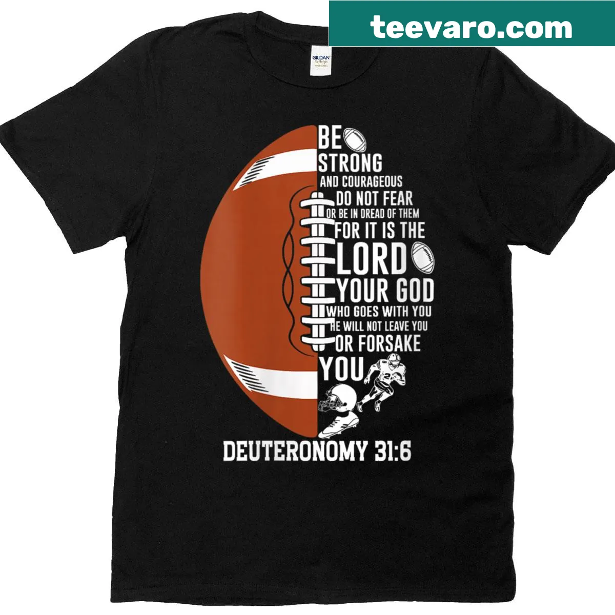 Christian football shirt featuring an encouraging Bible verse — on a men's t-shirt