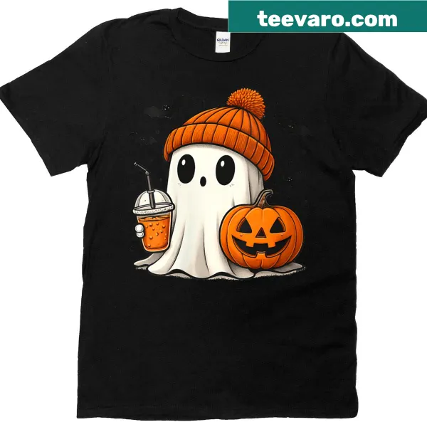 Cute Halloween T-shirt with ghost, drink, and pumpkin graphics