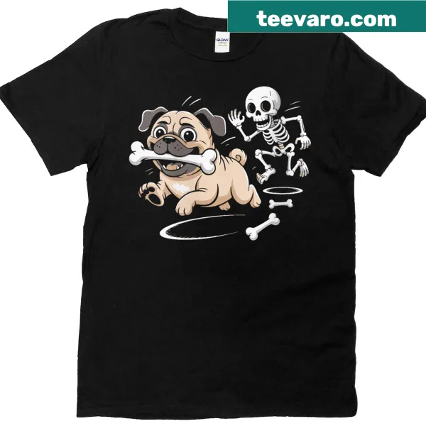 Halloween t-shirt with a cute pug stealing a skeleton bone