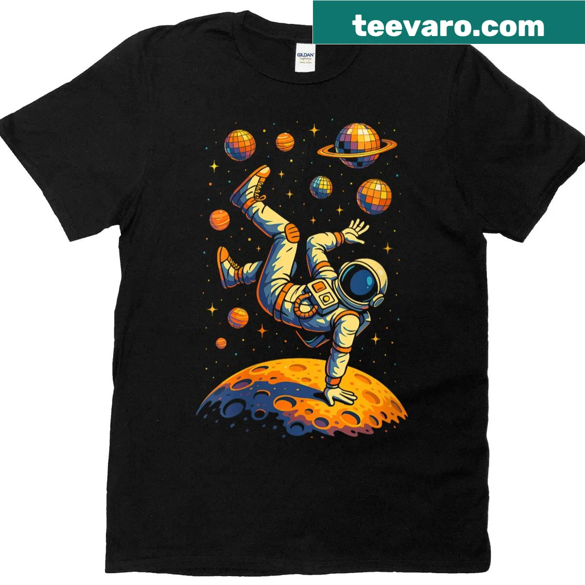Funny astronaut breakdance galaxy humor t-shirt for women — on a men's t-shirt