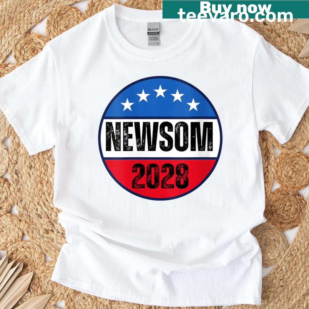 Women's shirt with 'Gavin Newsom 2028 California For President' text — on a men's t-shirt