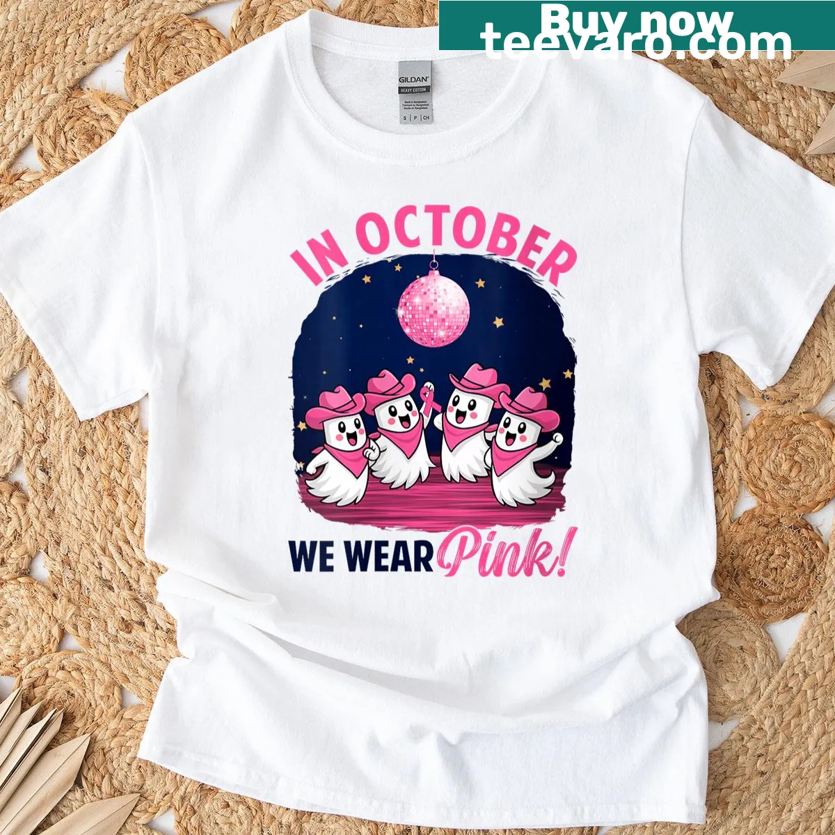 Ghost cowgirl graphic in pink promoting breast cancer awareness — on a men's t-shirt