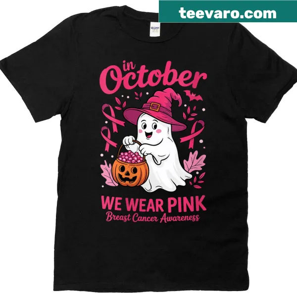 Halloween-themed t-shirt with pink ghosts for breast cancer awareness
