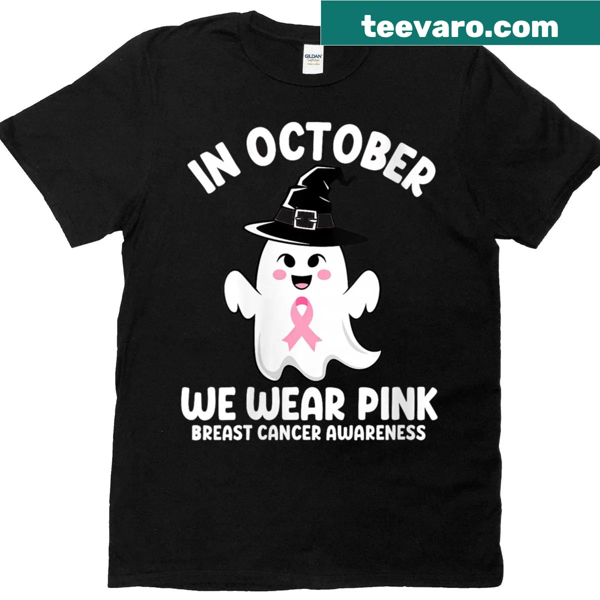 Halloween themed shirt with a pink ghost and awareness message — on a men's t-shirt