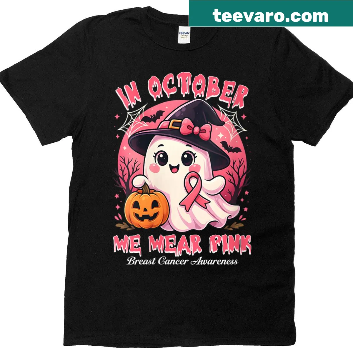 In October We Wear Pink Halloween Breast Cancer T-shirt for women — on a men's t-shirt