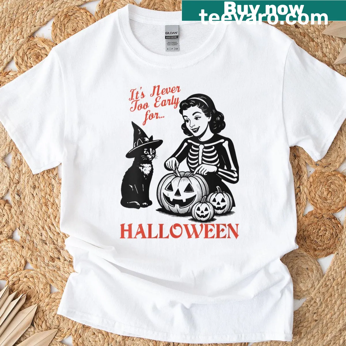 Playful cat witch skeleton design on Halloween-themed t-shirt — on a men's t-shirt