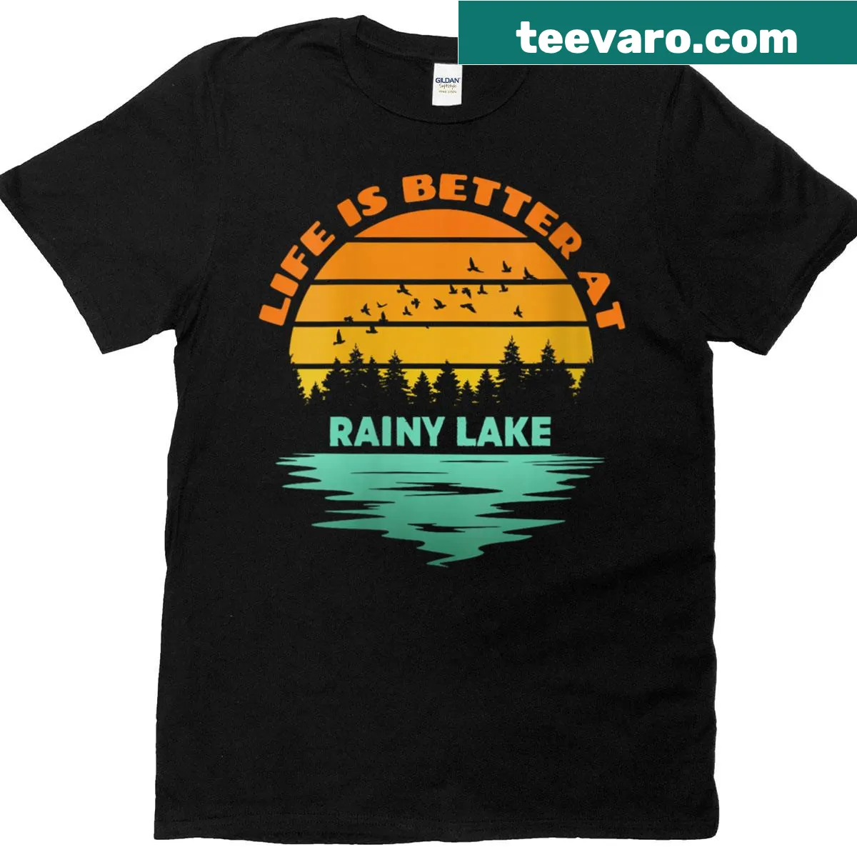 Illustrated T-shirt of Rainy Lake at sunset for outdoor enthusiasts — on a men's t-shirt