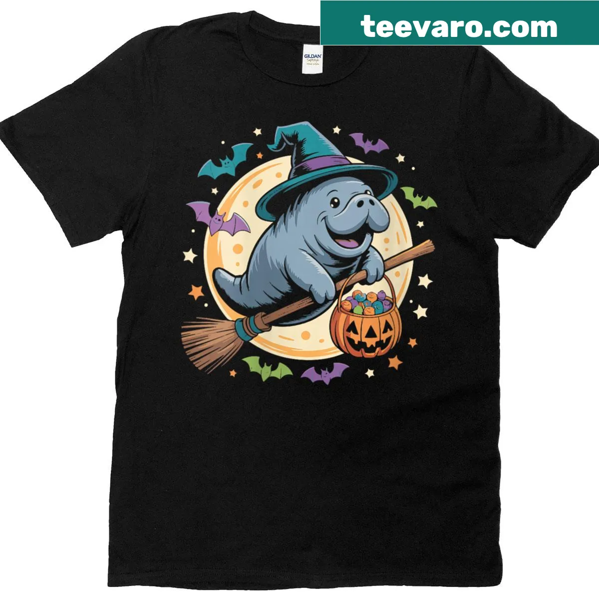 Cute Halloween graphic t-shirt featuring a manatee in a witch hat — on a men's t-shirt