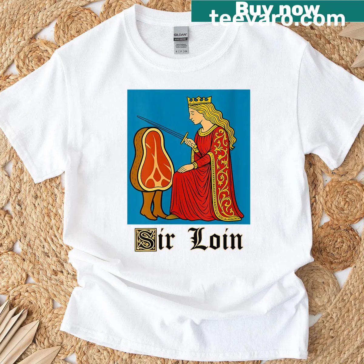 Cartoon graphic T-shirt with Sir Loin pun design — on a men's t-shirt