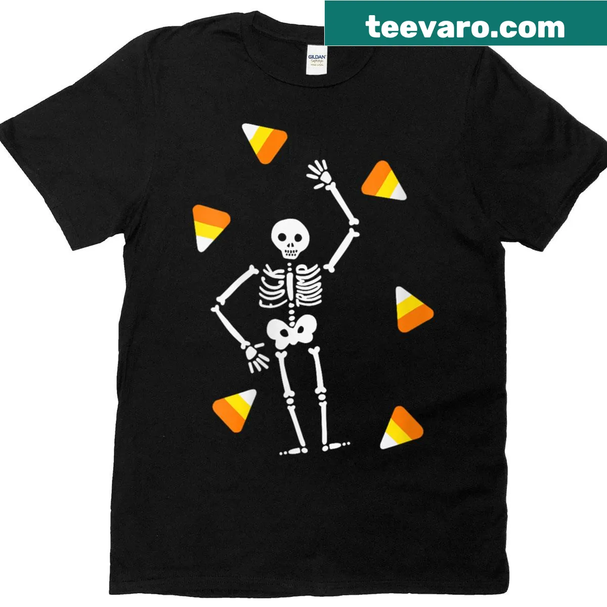 Subtle skeleton and candy design on a Halloween t-shirt. — on a men's t-shirt