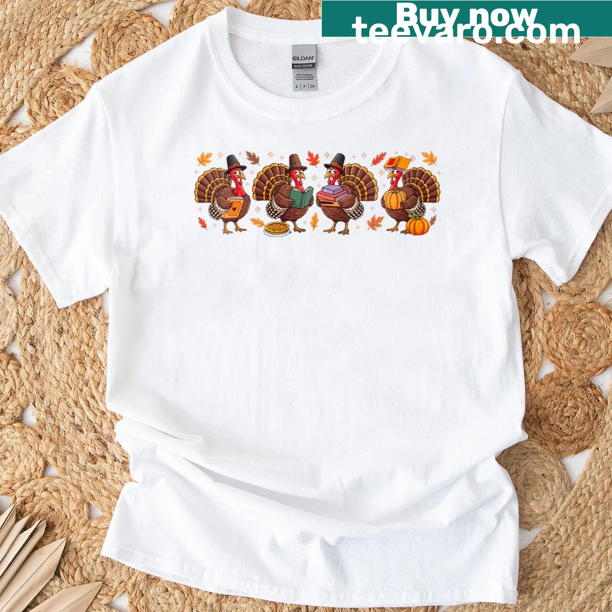 Cartoon turkeys reading books in a library illustration for Thanksgiving — on a men's t-shirt