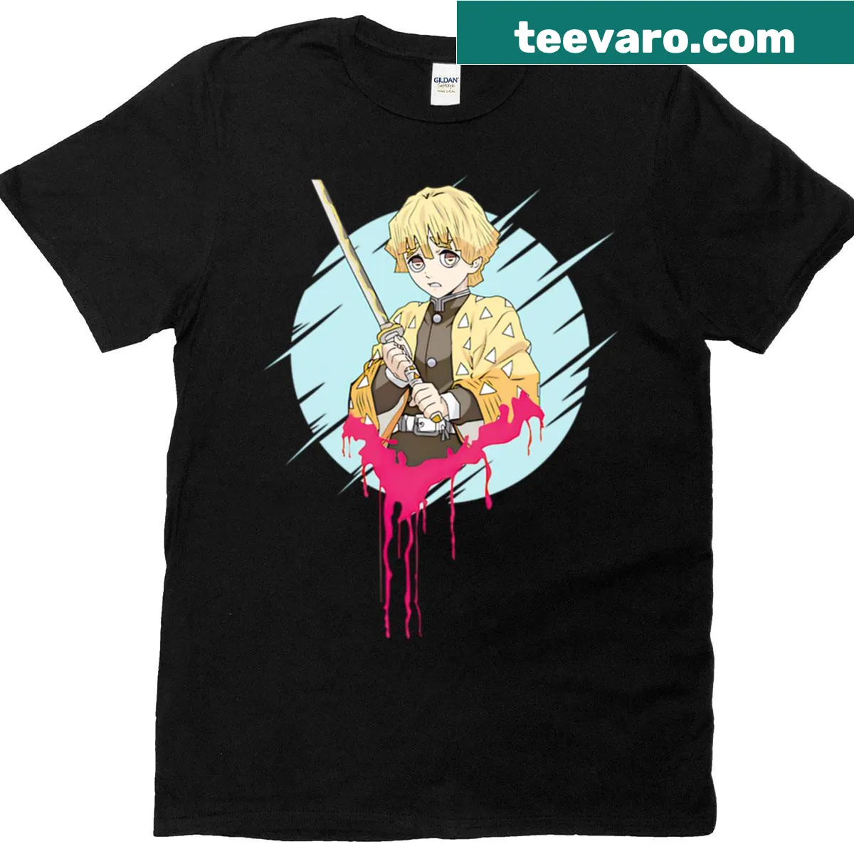Anime t-shirt featuring a swordsman with yellow hair and lightning design — on a men's t-shirt