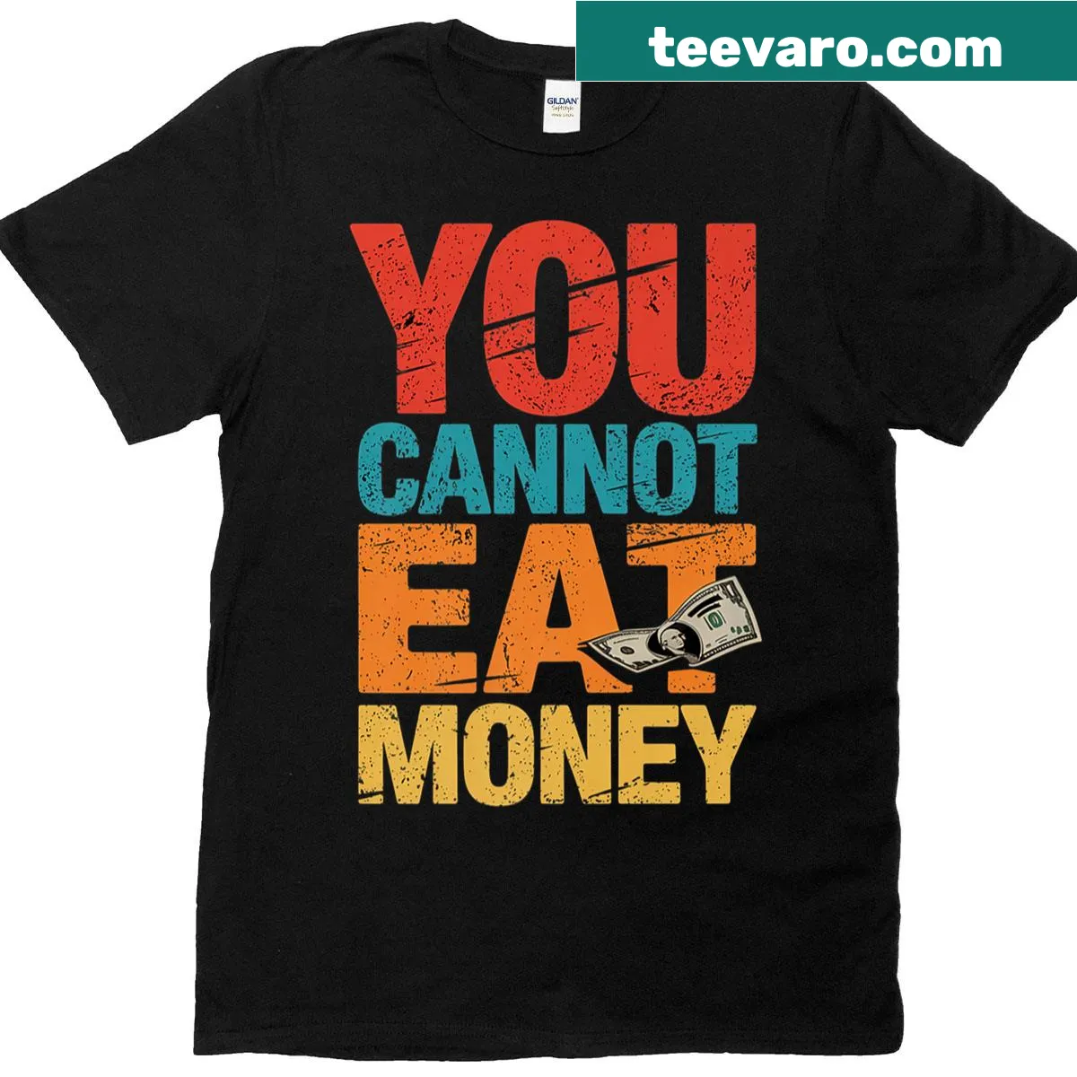 Vintage distressed T-shirt with 'You Cannot Eat Money' message — on a men's t-shirt