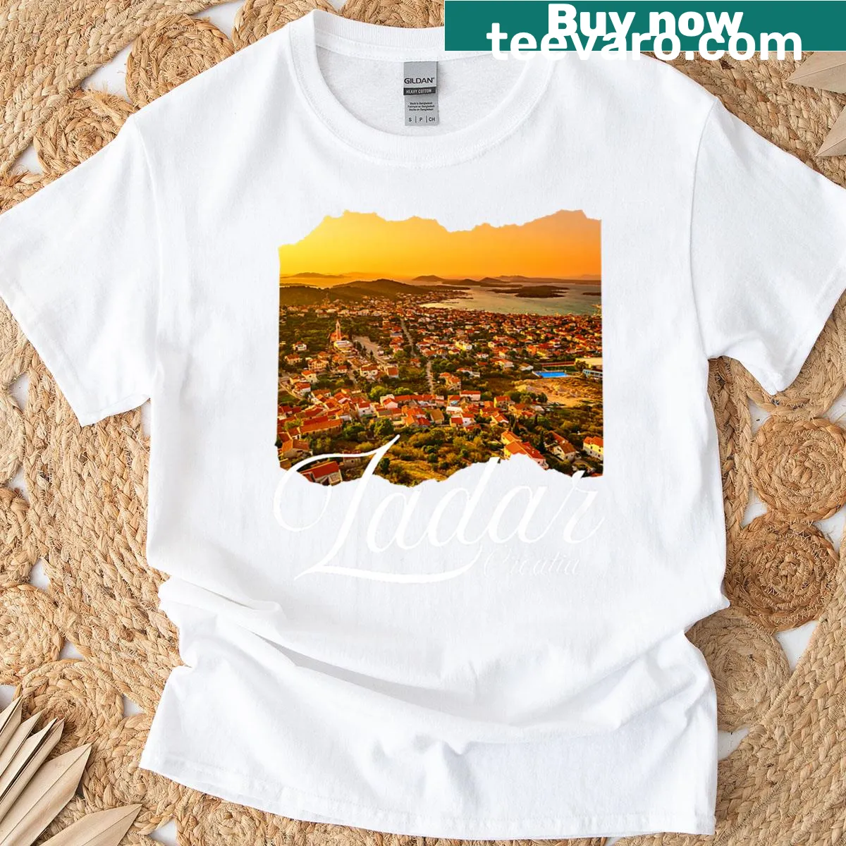 Illustrative design of Zadar, Croatia, for travel enthusiasts — on a men's t-shirt