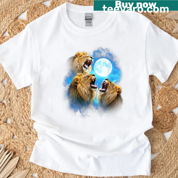 Illustration of three lions howling at a moon on a colorful t-shirt