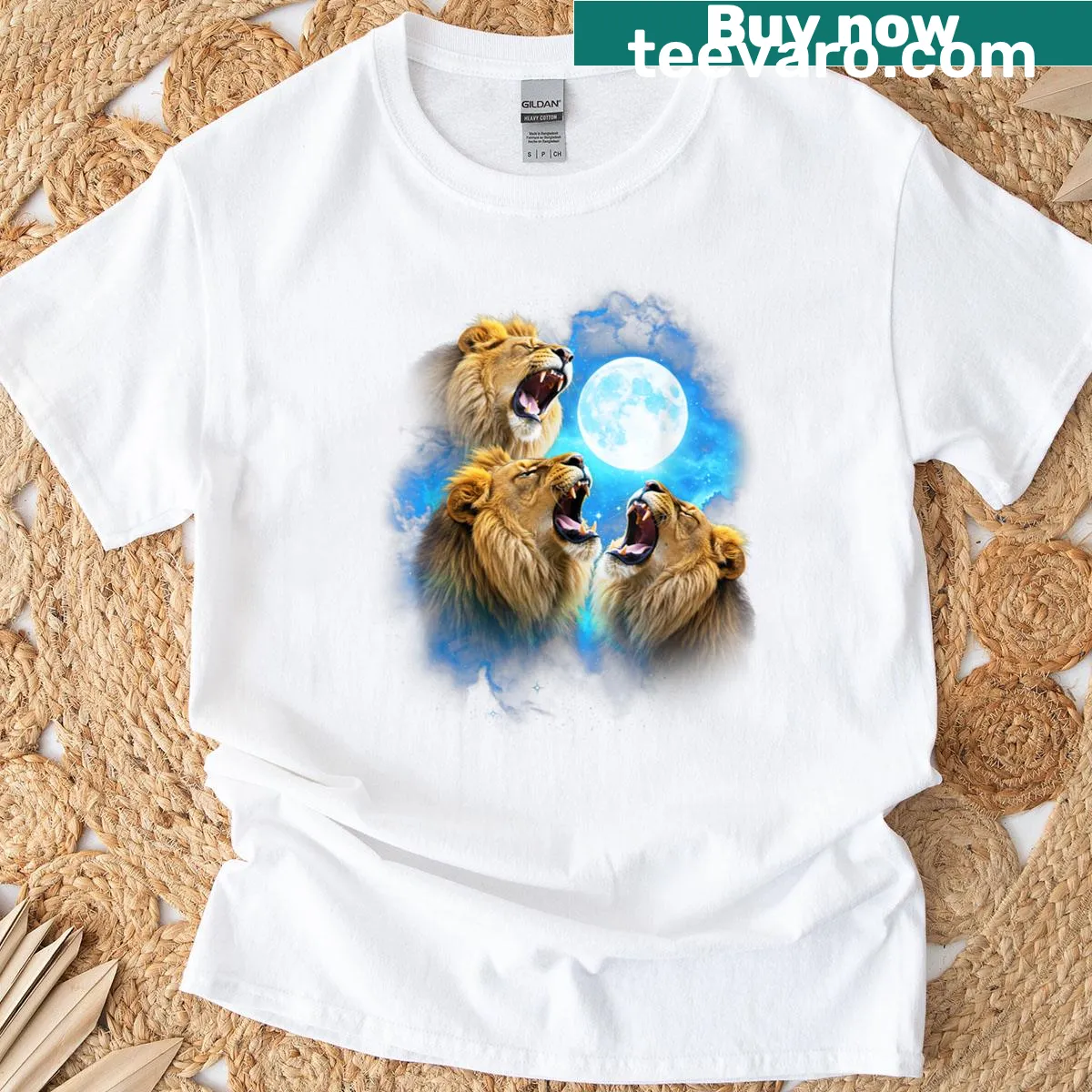 Illustration of three lions howling at a moon on a colorful t-shirt — on a men's t-shirt