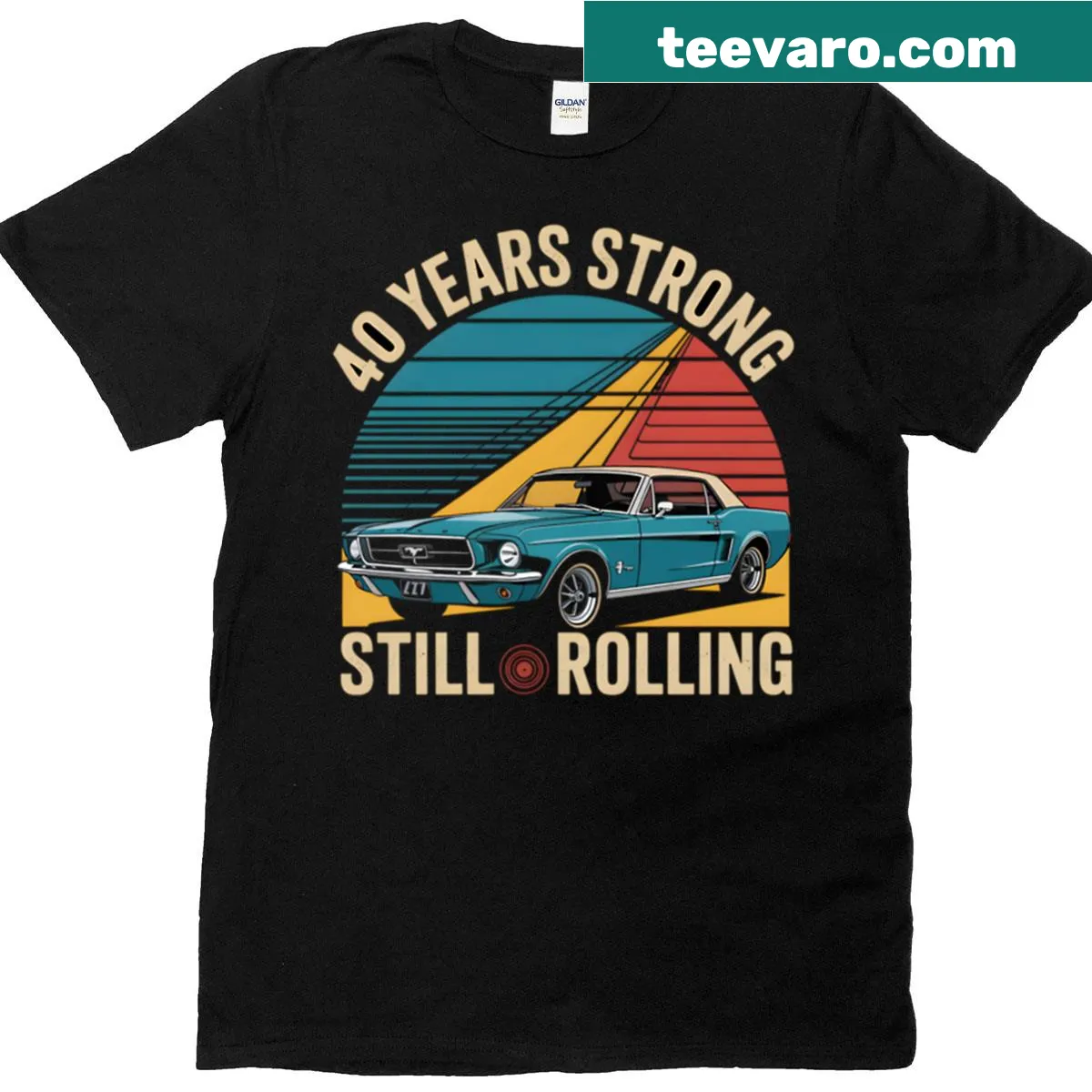 Classic car illustration on a t-shirt celebrating 40 years — on a men's t-shirt