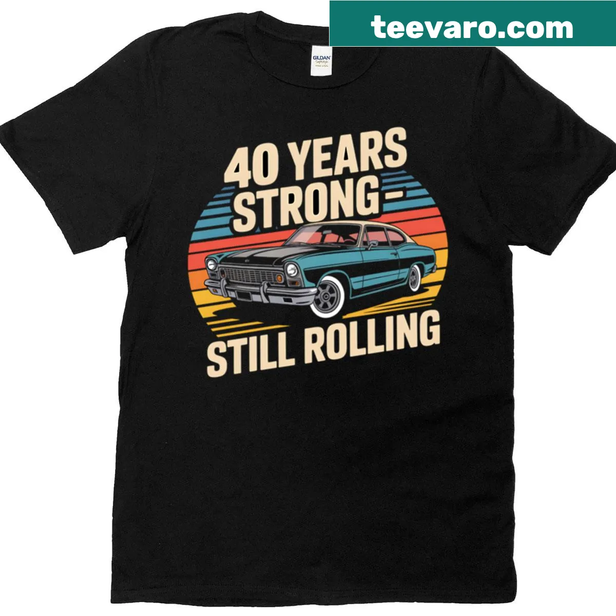 Vintage car graphic T-shirt celebrating 40 years of strength — on a men's t-shirt