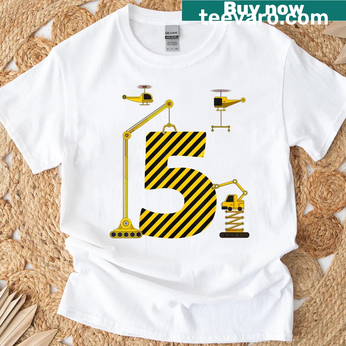 Illustrated excavator graphic for a boy's 5th birthday T-shirt — on a men's t-shirt