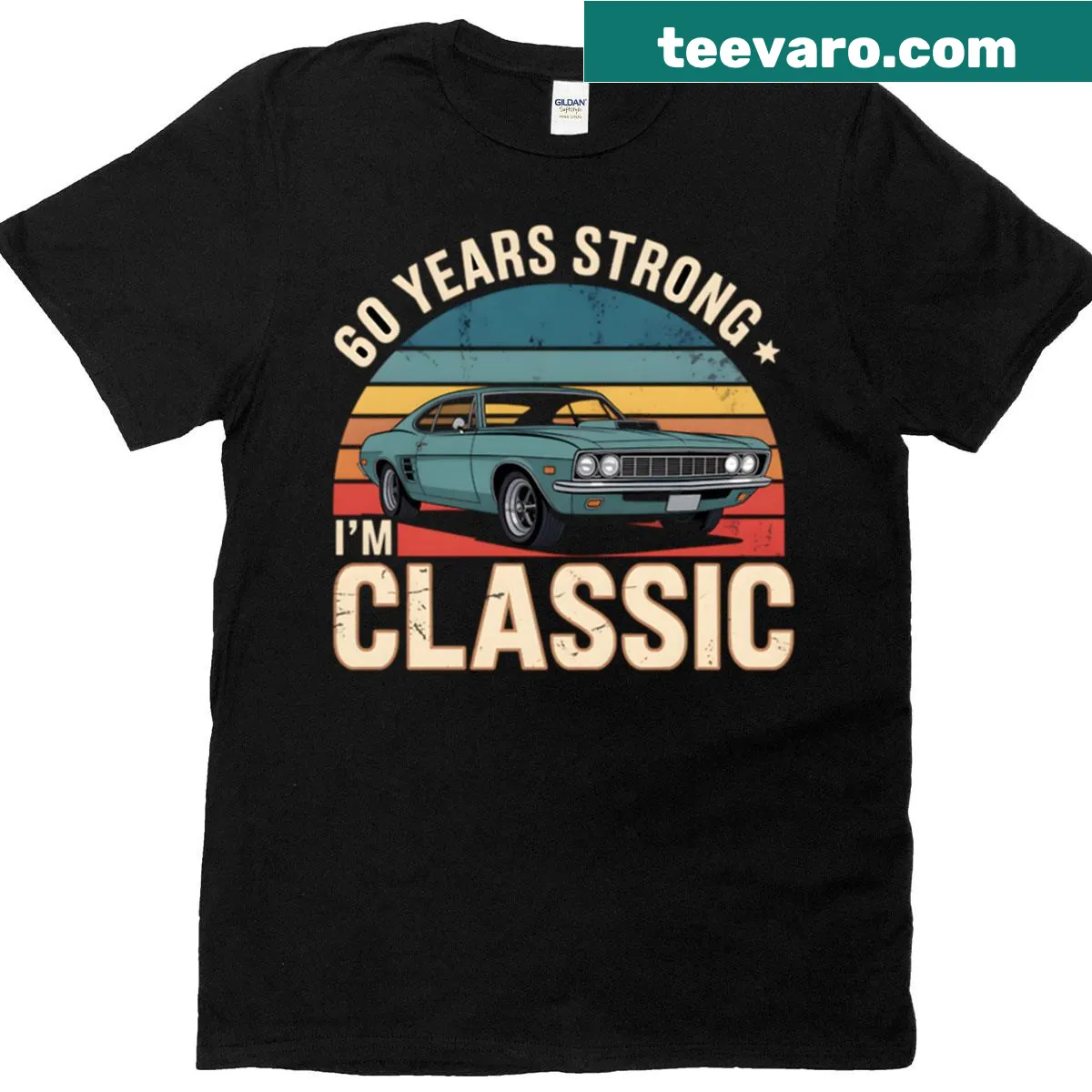 Retro car birthday T-shirt celebrating 60 years with a vintage design — on a men's t-shirt