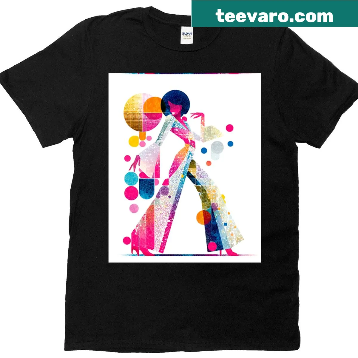 T-shirt featuring an abstract disco woman in a sequin jumpsuit — on a men's t-shirt