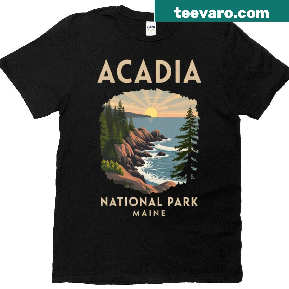 Vintage Acadia National Park T-shirt with scenic graphic. — on a men's t-shirt
