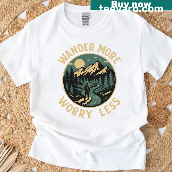 Mountain landscape graphic on an outdoor adventure T-shirt
