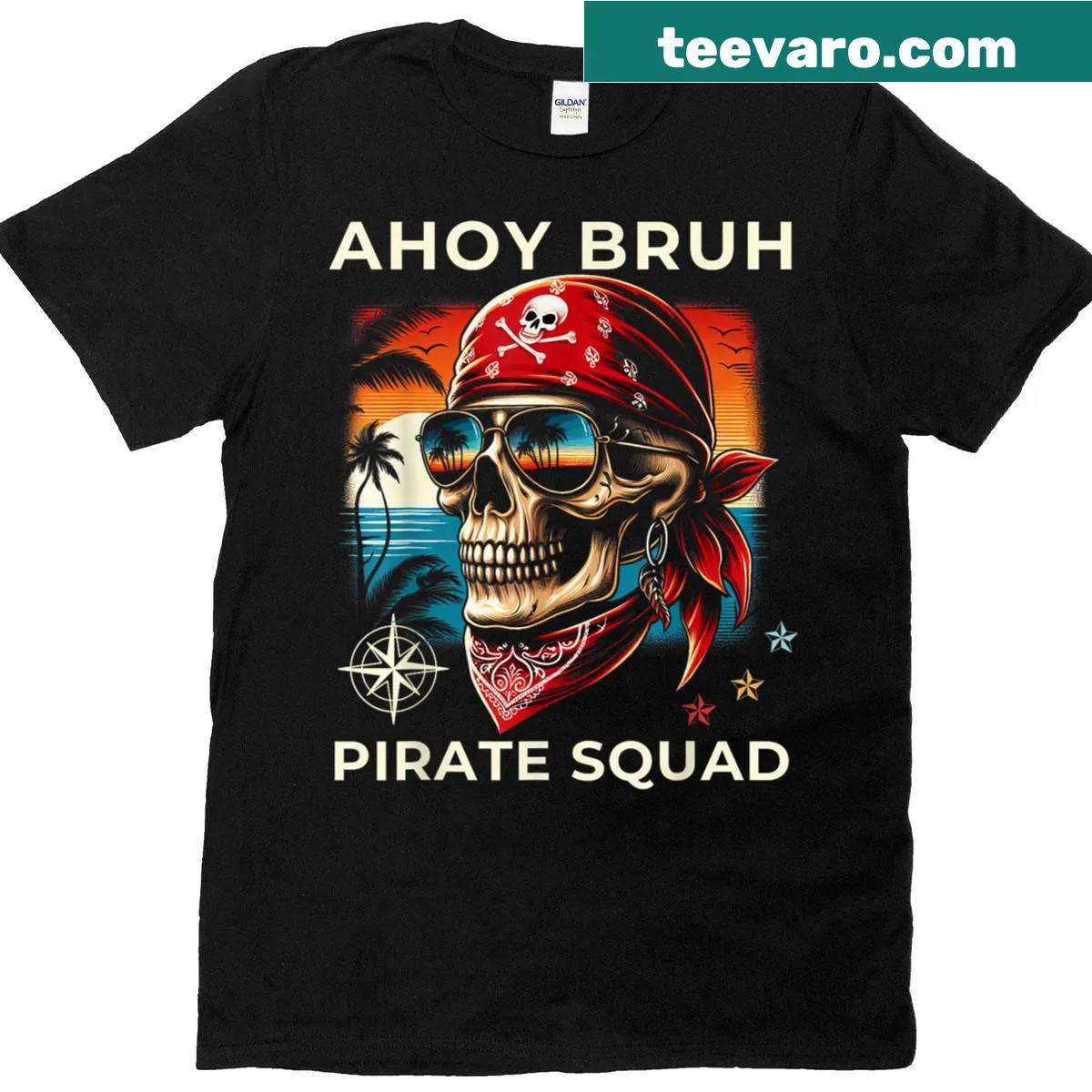 Fun pirate-themed bachelor party t-shirt with 'Ahoy Bruh' slogan — on a men's t-shirt