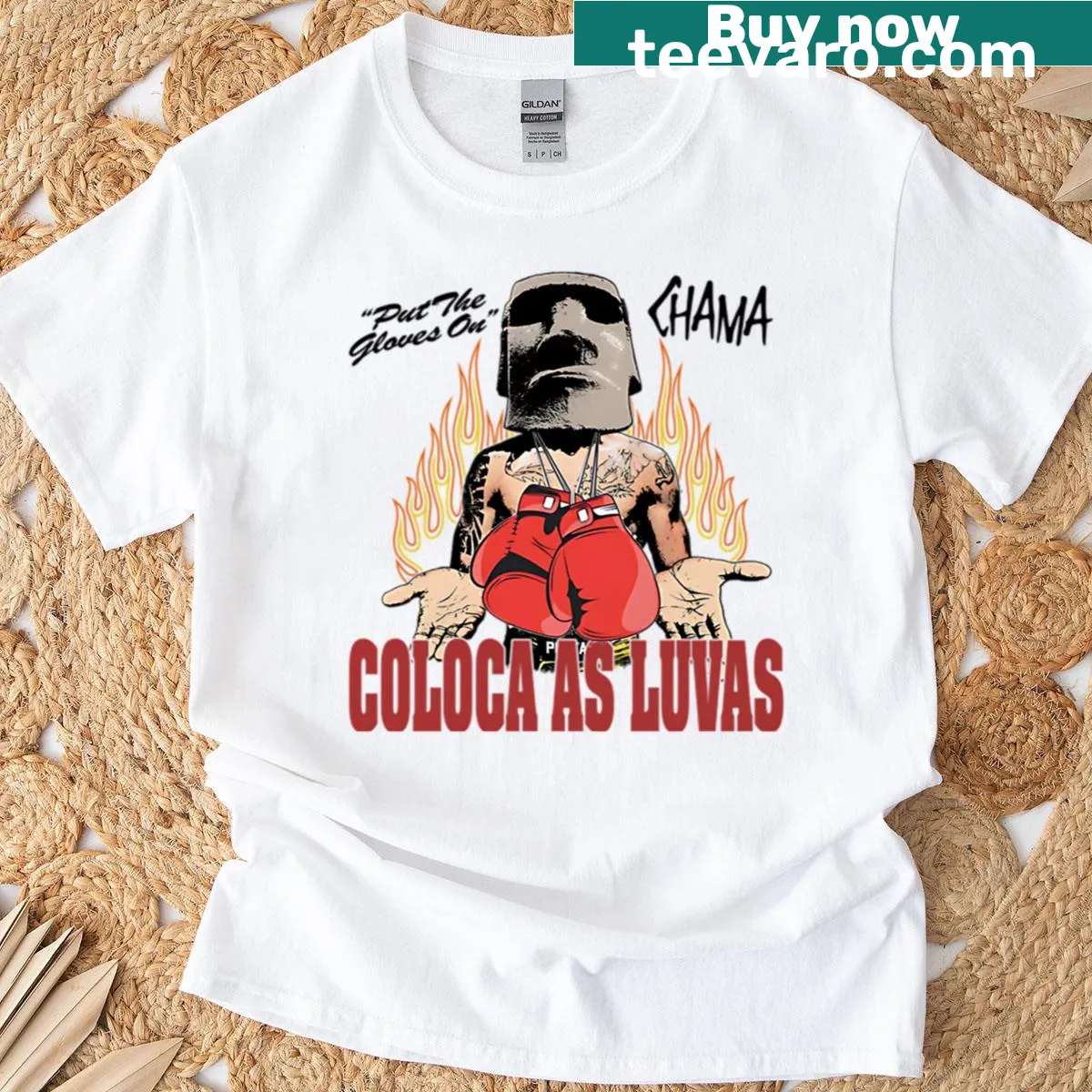 Bold t-shirt featuring the phrase 'Put The Gloves On Chama' — on a men's t-shirt
