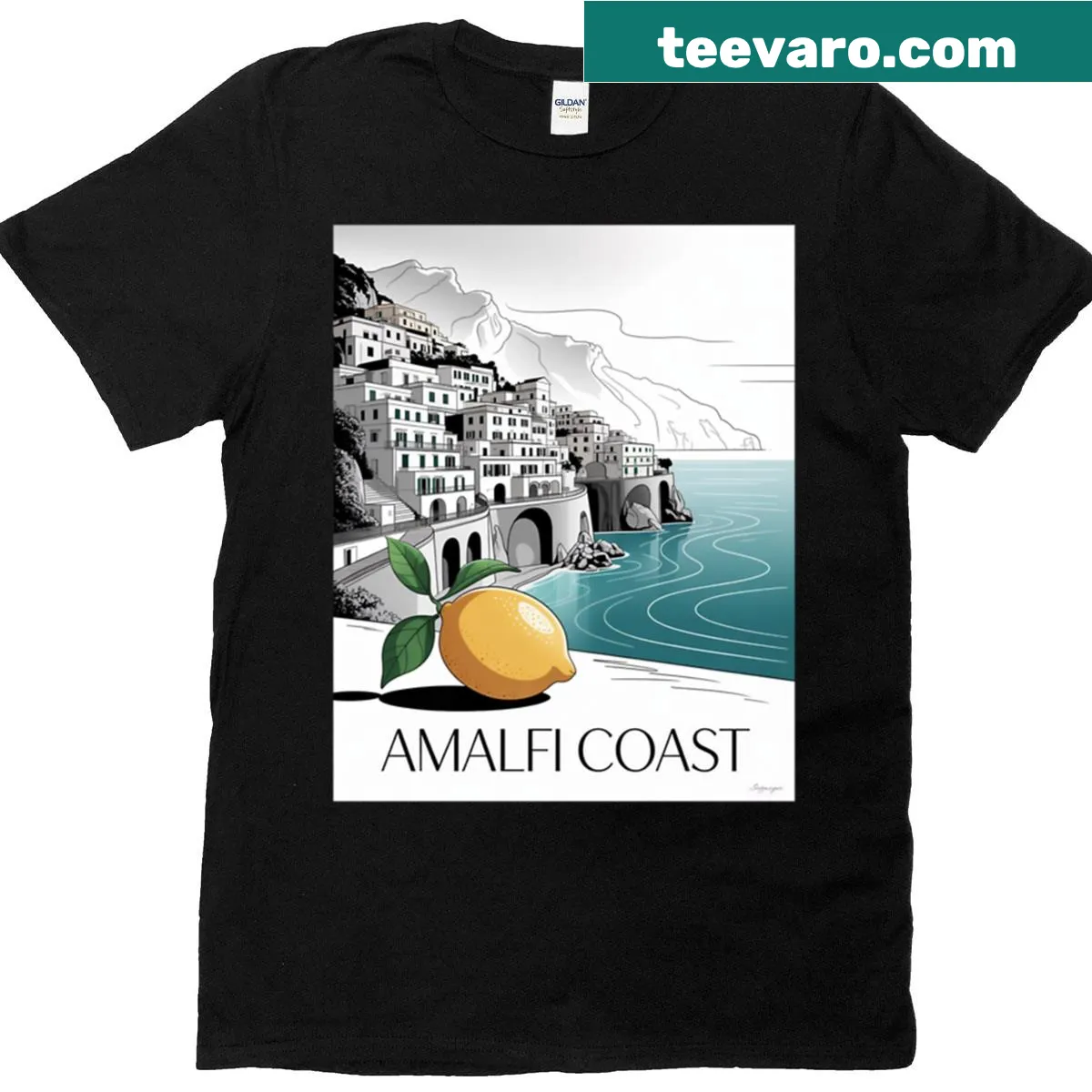 Minimalist line art of Amalfi Coast on a t-shirt — on a men's t-shirt