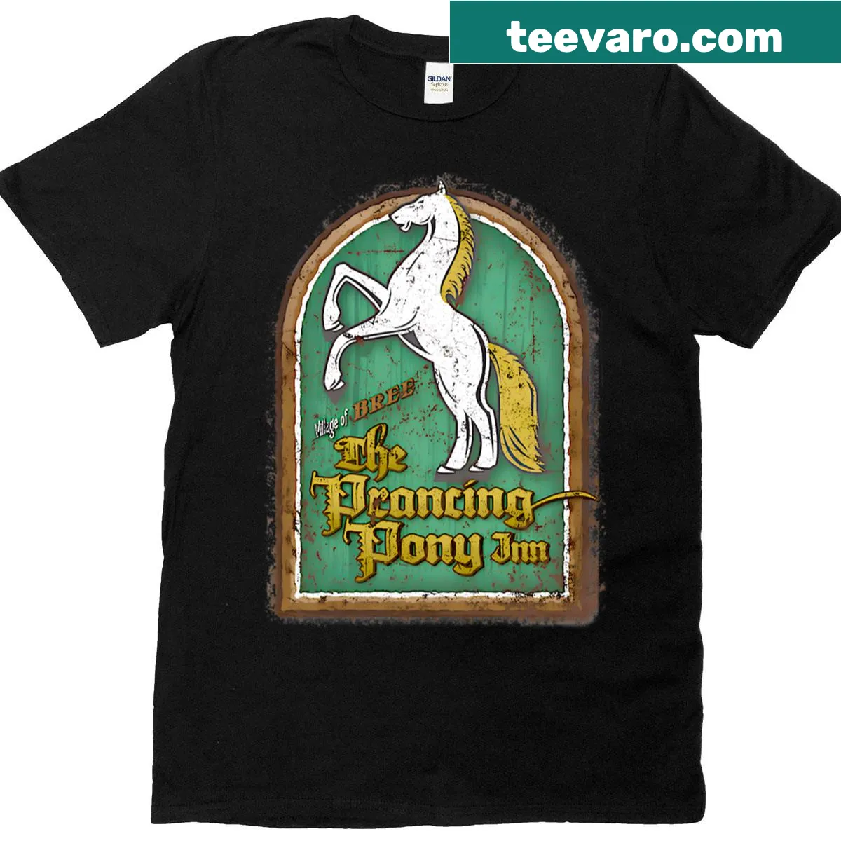 Vintage fantasy shirt featuring a rearing white horse design — on a men's t-shirt