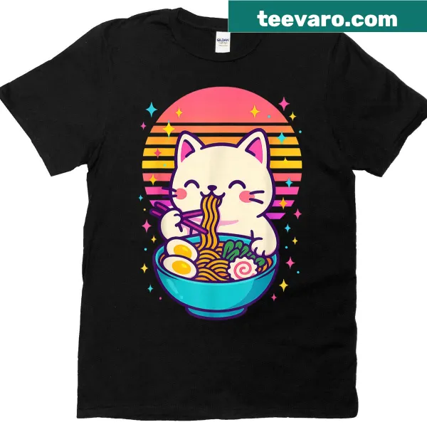 Cute anime cat eating ramen graphic on T-shirt