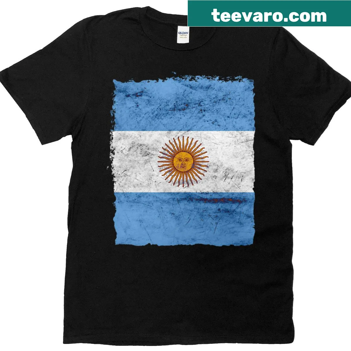 T-shirt featuring Argentina flag with metal texture design — on a men's t-shirt