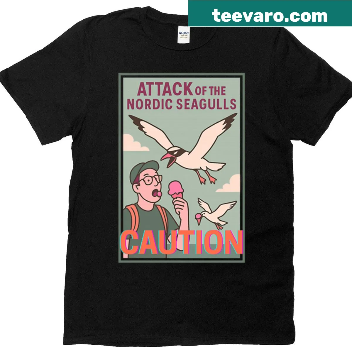 Minimalist movie poster design t-shirt featuring Nordic seagulls — on a men's t-shirt