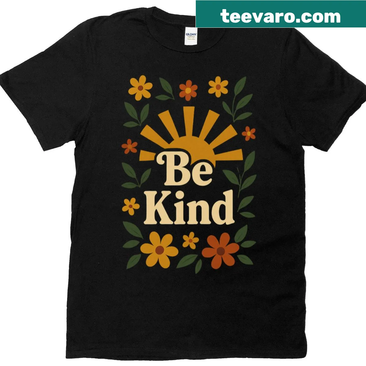 Retro floral and sunshine design with 'Be Kind' text on a t-shirt — on a men's t-shirt