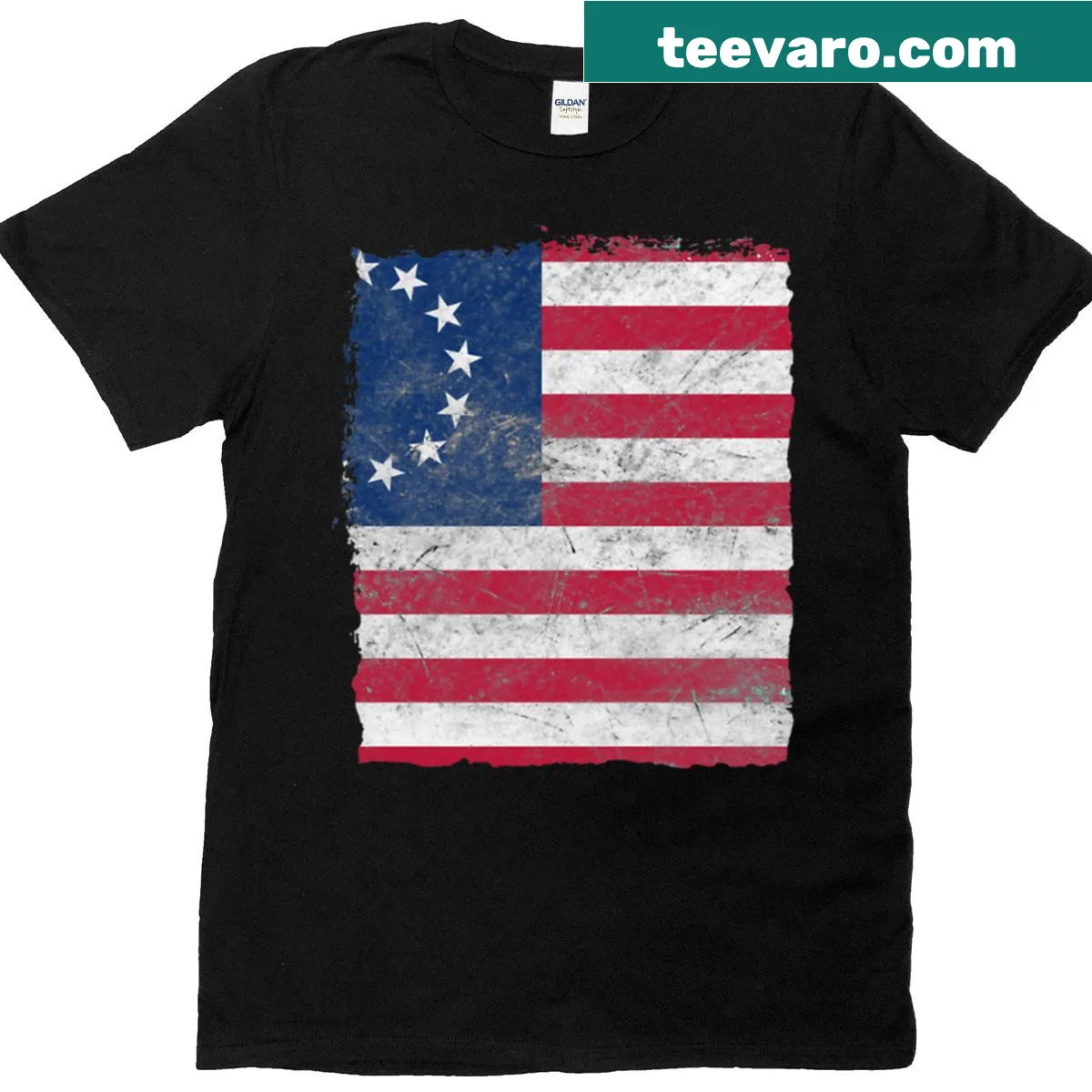 Vintage metal texture Betsy Ross flag T-shirt design — on a men's t-shirt
