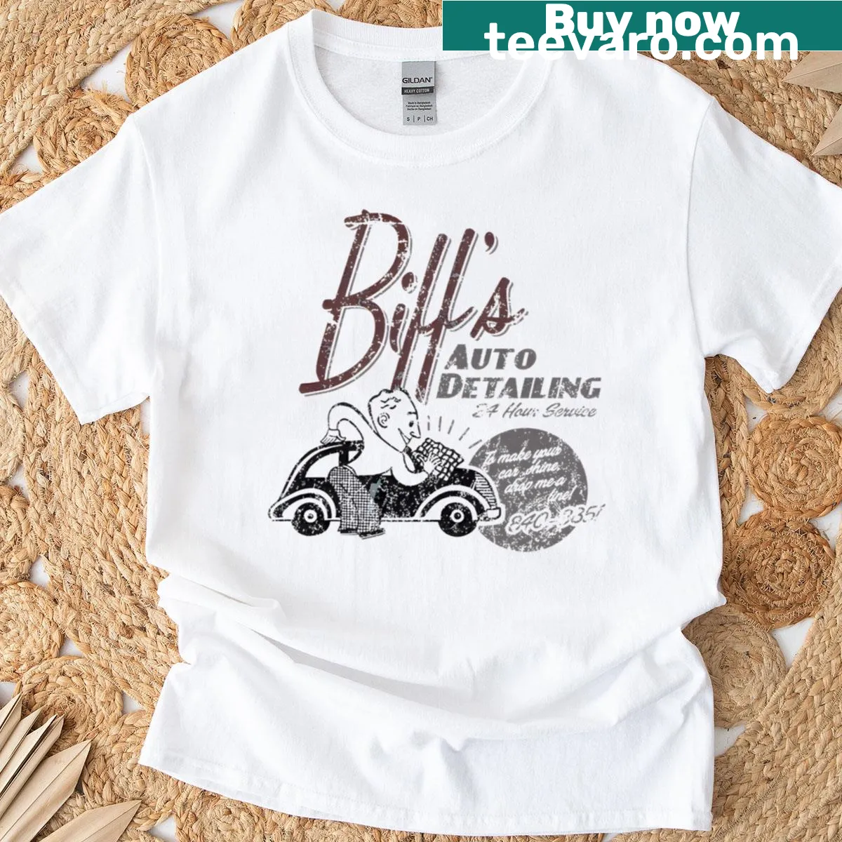 Retro graphic T-shirt featuring auto detailing car wash design — on a men's t-shirt