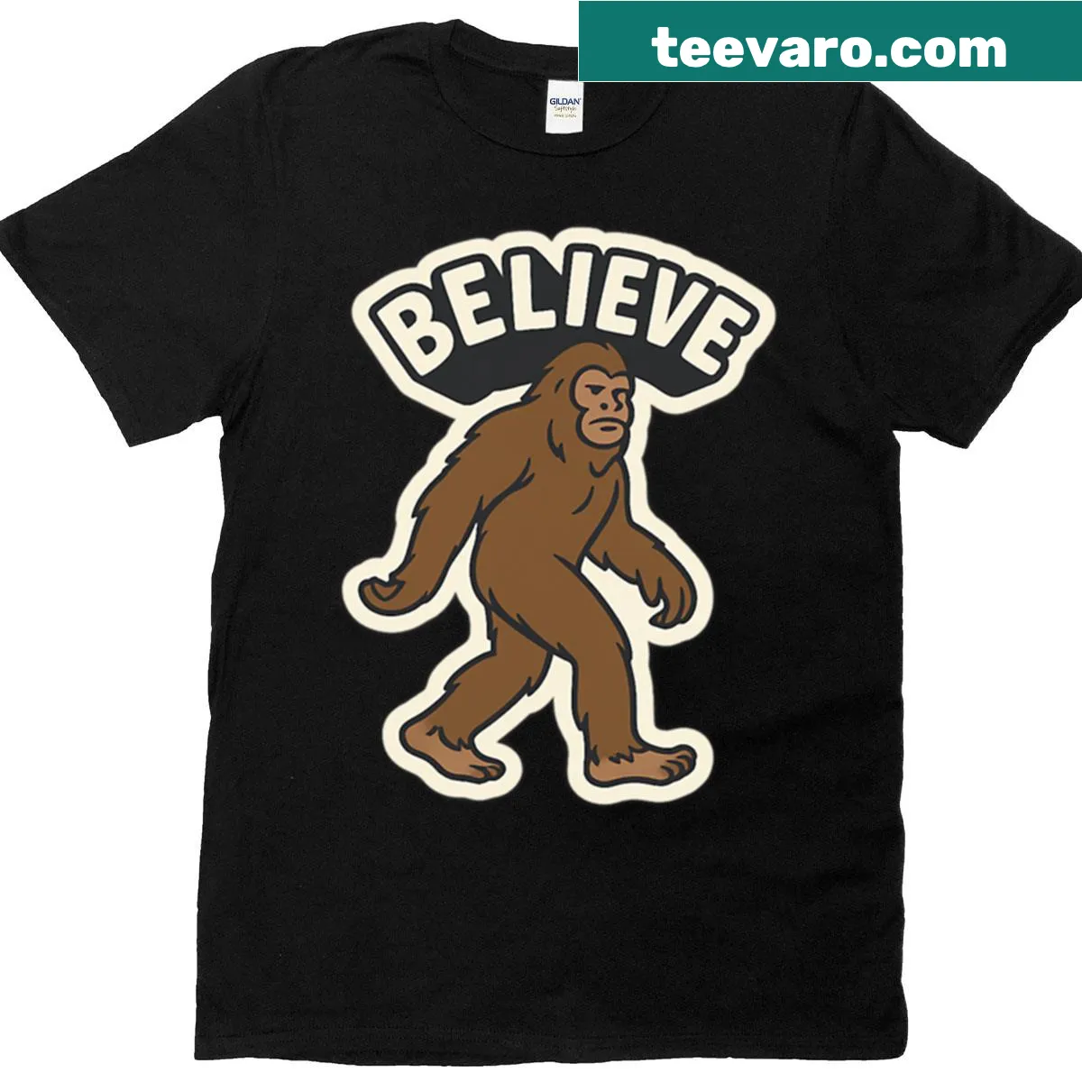 Charming illustration of Bigfoot with the word 'Believe' — on a men's t-shirt