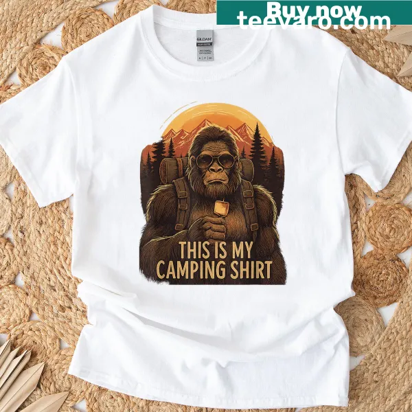 Cartoon Bigfoot graphic t-shirt for camping enthusiasts