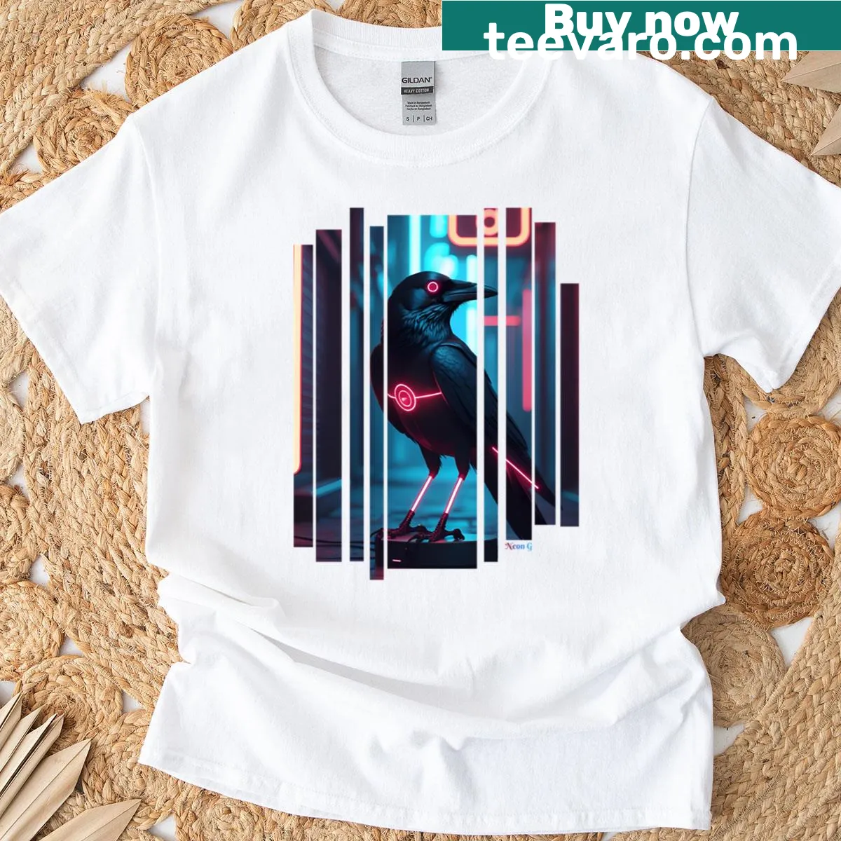Bold crow graphic with laser eyes on T-shirt — on a men's t-shirt