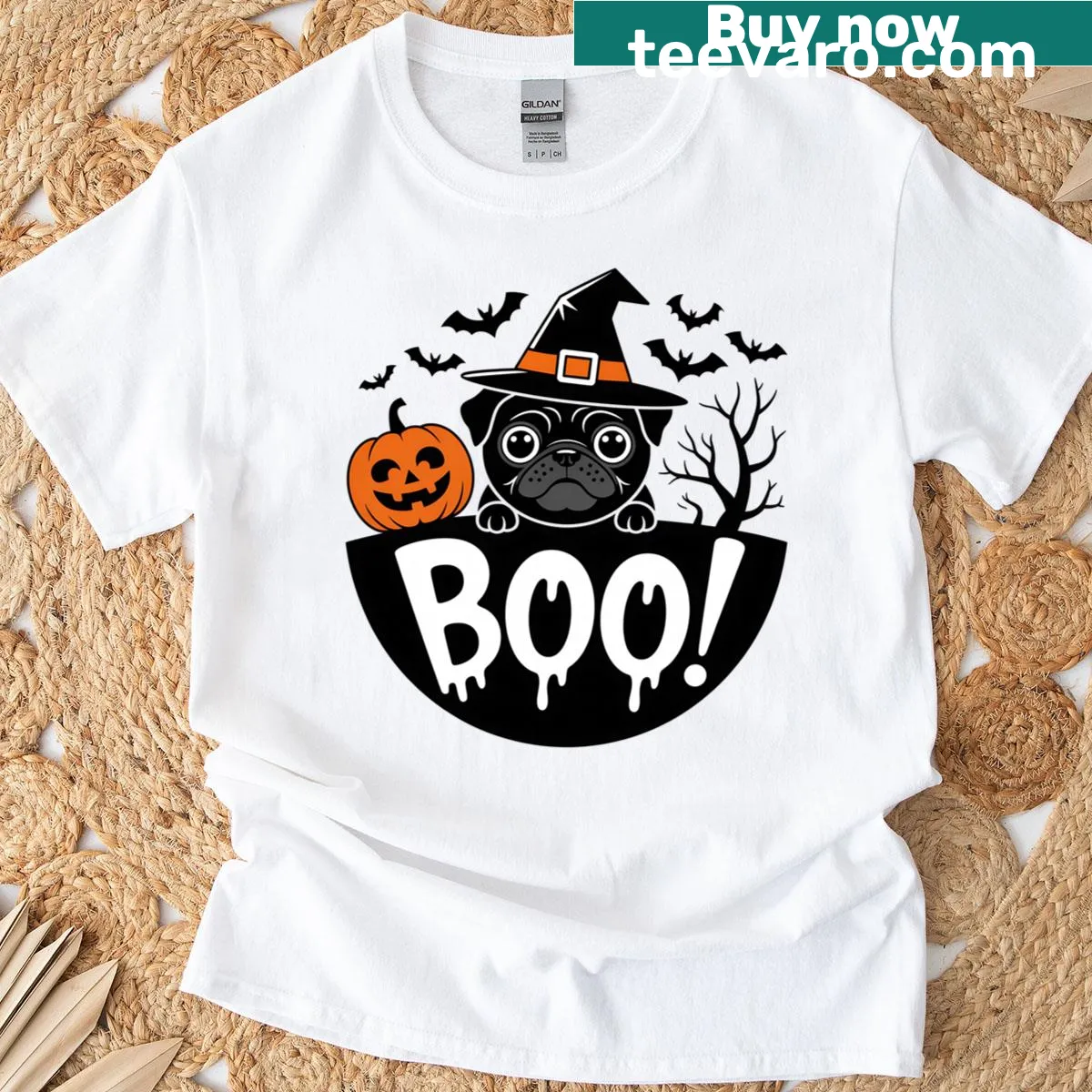 Cartoon black pug in a witch hat with bats and pumpkin graphic — on a men's t-shirt