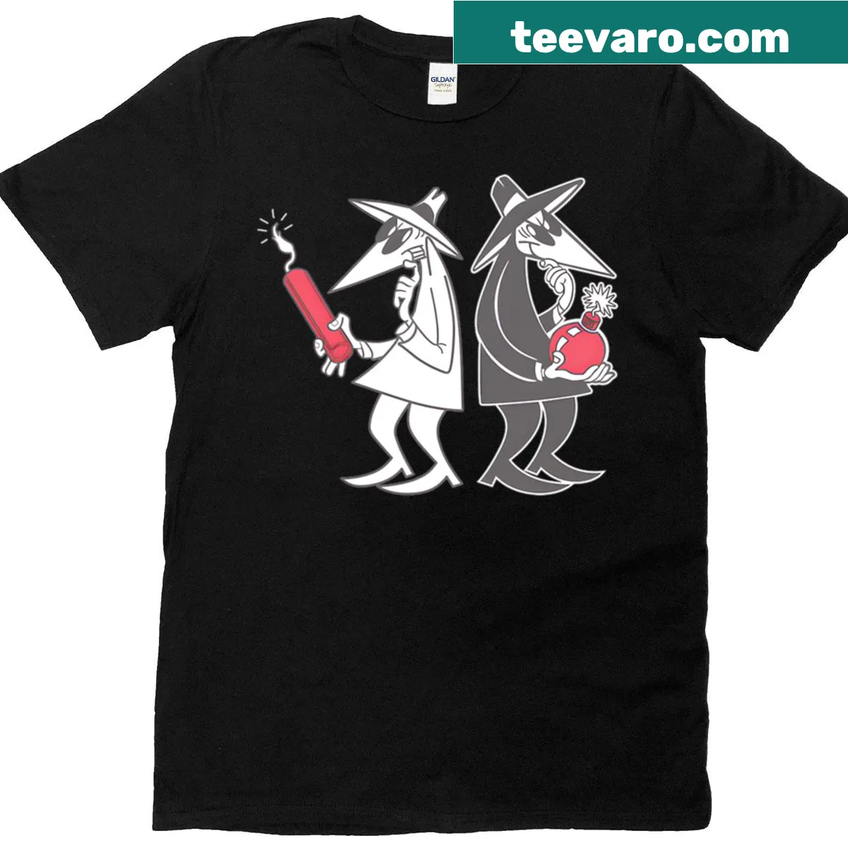 Cartoon design of two agents dueling on a T-shirt — on a men's t-shirt