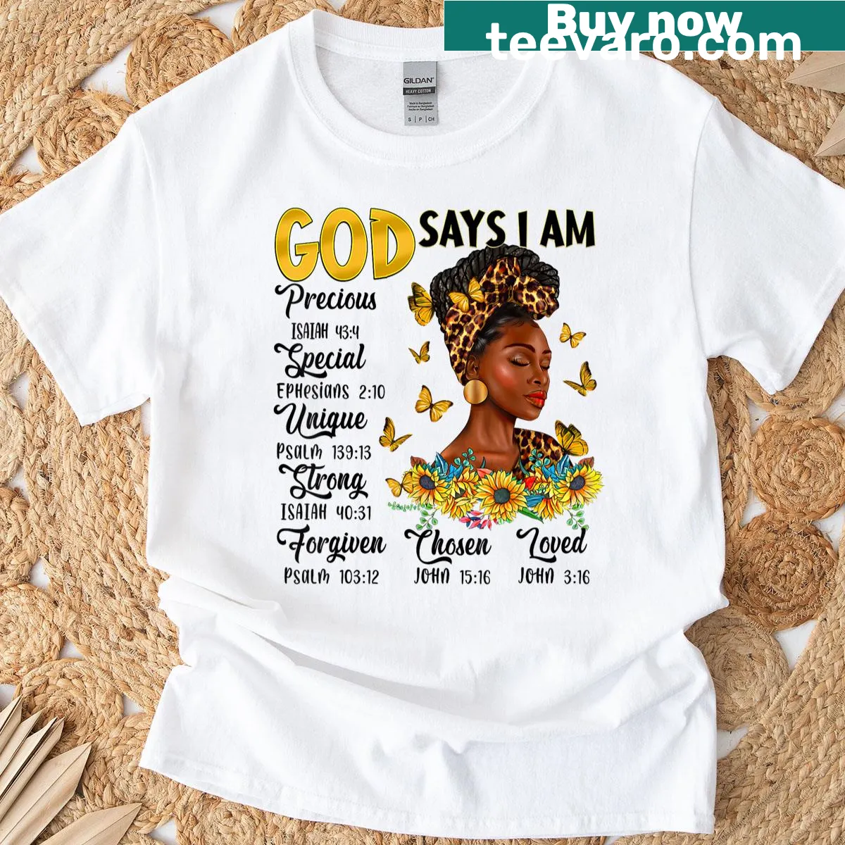 Illustrated T-shirt with sunflower, butterfly, and inspirational Bible verse — on a men's t-shirt