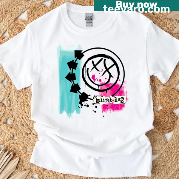 Stylish graphic celebrating Blink 182 on a retro T-shirt.