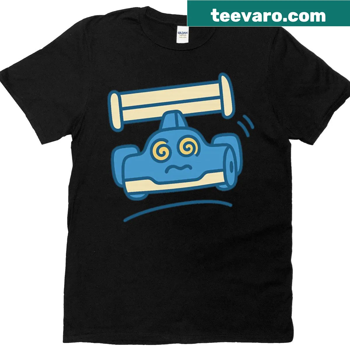 Oversized Formula 1 T-shirt featuring a dizzy race car graphic — on a men's t-shirt