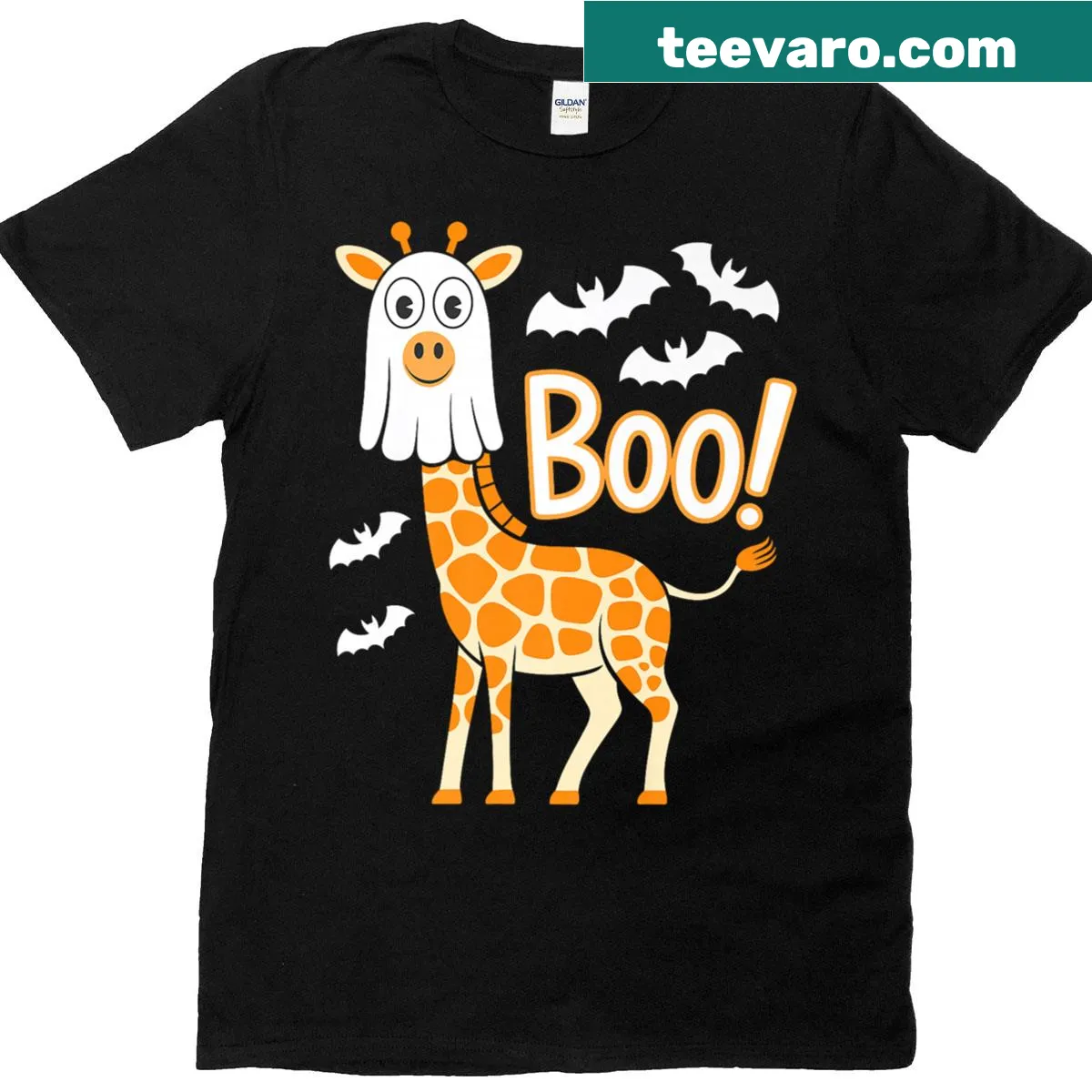 T-shirt with a funny giraffe in a ghost costume for Halloween — on a men's t-shirt