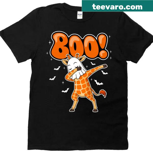 Cartoon giraffe dabbing in costume on a Halloween t-shirt
