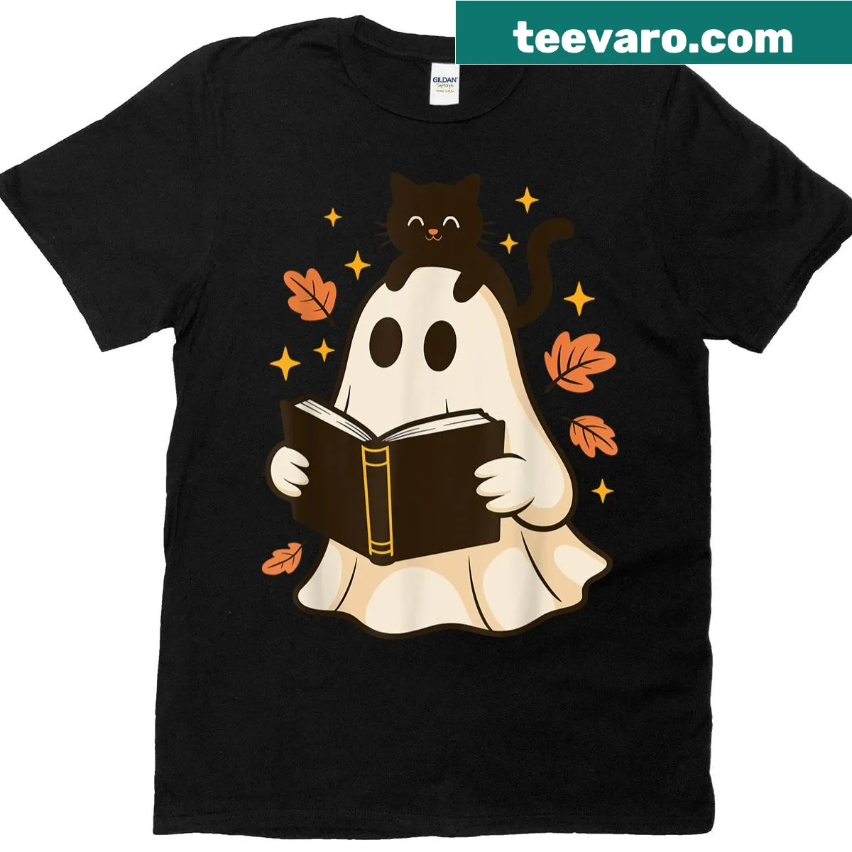 T-shirt featuring a ghost reading with a black cat and books for Halloween — on a men's t-shirt