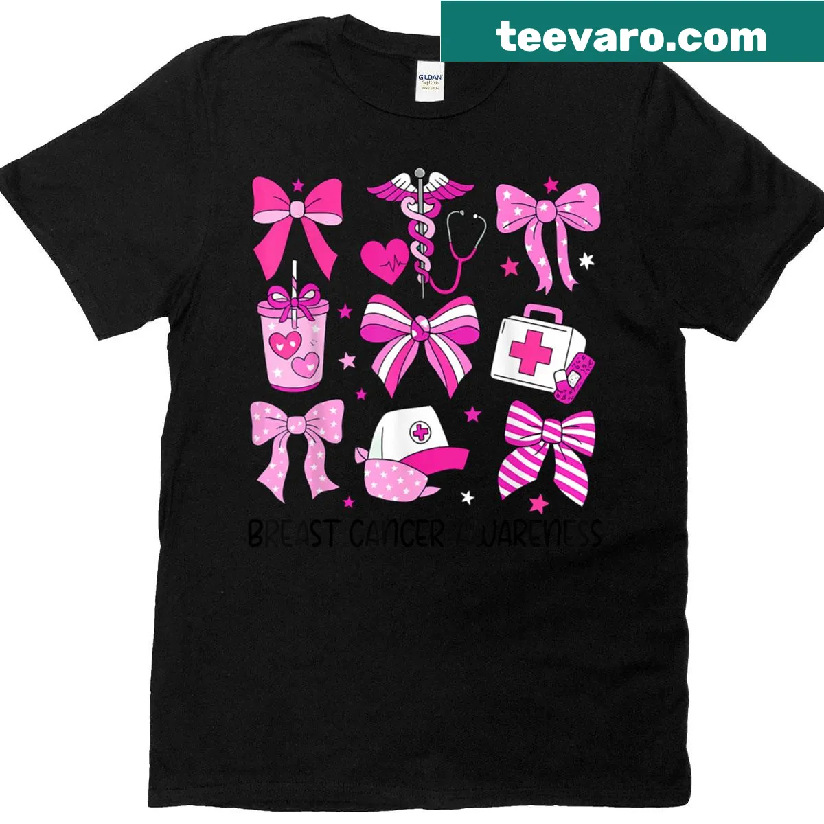 Nurse-themed T-shirt with pink bow for breast cancer awareness — on a men's t-shirt